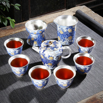 Gilt tea set 999 sterling silver set home office silver teapot Jingdezhen kung fu tea cup set of high-end gift box