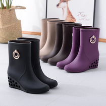 Rain shoes women adult fashion water shoes short tube rain boots womens non-slip light slope heels Korean overshoes waterproof boots