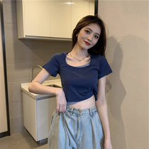 Brand Fold Discount Store Mall Special Cabinet Fake Two High Waist Short square collar blouse Women short sleeve T-shirt with undershirt