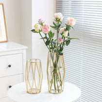 Nordic ins Feng Shui Pei Light luxury dining table transparent wrought iron metal glass golden small vase living room flower arrangement ornaments