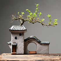 Chinese Jiangnan ceramic micro landscape retro Zen Bamboo bonsai small house flower pot creative fish tank landscaping ornaments
