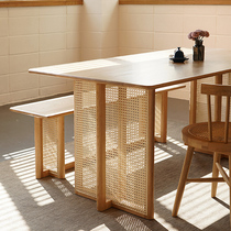 Nordic solid wood dining table household small apartment dining table and chair combination Japanese rattan round table modern simple homestay table
