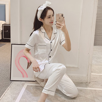 Pajama women's spring and autumn short sleeve pants ice silk two piece set summer thin style students can wear silk home clothes set