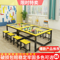  Kindergarten glass table table and chair childrens book room picture book room multi-person table color dining table and chair copy table English class