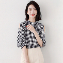 Sandro Svpr black and white grid strapless pullover silk bat sleeve shirt female 2021 Spring and Autumn New Coat