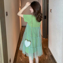 Summer can salt sweet dress waist thin temperament long French mesh stitching fake two cake skirt