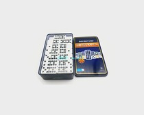 2021 New 5210 blue iron box melamine Domino set 55 double nine white background black dot Domino
