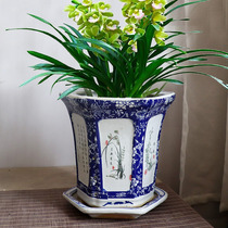 Jingdezhen ceramic flowerpot blue and white porcelain flower bowl high-footed new Chinese classical soft Tree Basin plum orchid bamboo chrysanthemum with tray
