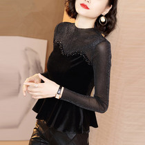 Black base shirt womens long sleeve 2021 spring and autumn gauze velvet top slim stand collar fake two-piece shirt