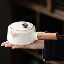 Sheep fat jade porcelain wood handle side handle pot Household handmade white porcelain Teapot Simple Kung Fu tea handle Tea pot