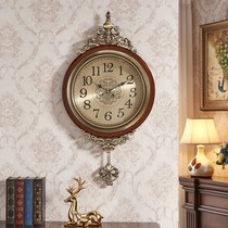 European style retro wall clock living room solid wood clock American restaurant art clock home Modern simple atmospheric wall watch