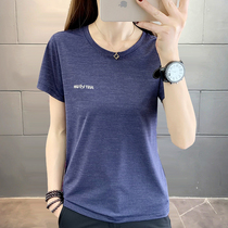 Summer outdoor womens quick-drying clothes short sleeve elastic ice silk round neck loose sports running ultra-light breathable half sleeve