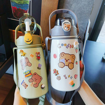 With straw water cup female adult cute student large capacity thermos cup high color value portable kettle 1000ml Cup