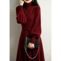 Winter Battle Skirt French Retro Red High Neck Sweater Skirt Knee Backing Laid Knitted Dress Children Fall Winter