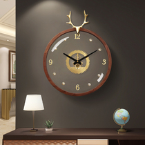 Black walnut solid wood transparent deer head living room modern simple wall clock home imitation mechanical clock fashion wall clock