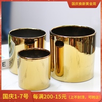 Light luxury golden flowerpot Nordic style interior desktop decoration with electroplating metallic ceramic flower ornaments