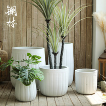 White ceramic flower pot large Nordic simple living room ground planting tree green plant basin balcony landscaping large mouth high Deep Basin