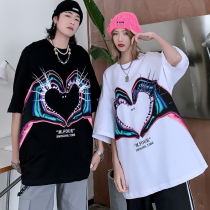 chic bishop trend than heart printing short-sleeved T-shirt men loose large size couple half sleeve pure cotton summer clothes