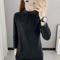 Double-sided abrasive cloth half cardigan long sleeve T-shirt womens stand collar thin velvet quick-drying clothes autumn and winter thick warm base shirt