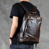 Ancient Retro Oil Wax Peel Double Shoulder Bag Men Genuine Leather Backpack Head Layer Bull Leather Bag Casual Minimalist Travel Computer Bag