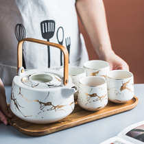 Japanese gold marbled tea set matte teapot tea cup household flower teapot with wooden tray