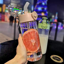 High facial value transparent glass water cup with straw Large capacity portable cute girl simple cup summer ins style