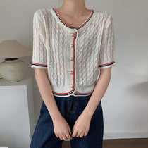 Love fried chicken thin can salt sweet jacquard short thin knitted cardigan short sleeve embroidered T-shirt jacket