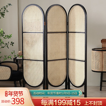 Rattan handmade Japanese folding retro screen partition living room solid wood Real rattan porch bedroom mobile modern folding screen