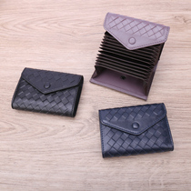 Burglar-proof brushed genuine leather short card bag female woven small Japan-ROK delicate sheep skin multi-position driving license integrated bag tide