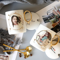 DIY custom photo creative mug Couple cup Ceramic water cup non-discolored cup with lid spoon Birthday gift