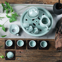 Celadon kung fu tea set with round water storage tea tray ceramic relief flower cover Bowl Tea Cup home gift
