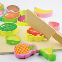 Children look at toys wooden magnetic fruits cut music early education educational cognition baby 2-5 years old playing house