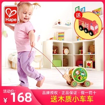  Hape snail tug car Baby wooden pull rope push-pull car traction toddler lead rope Children pull away toys