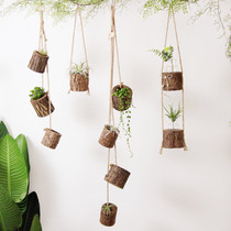 Sky Star] Pastoral style natural solid wood glass bottle flower machine hemp rope hanging wooden flower pot hanging wooden flower pot