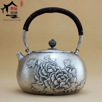 Special handmade peony Japanese retro silver pot tea set a piece of pure silver 999 kettle home tea making Road