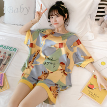 韩版冰丝睡衣女夏季薄款短袖长颈鹿加大码夏天家居服女士两件套装