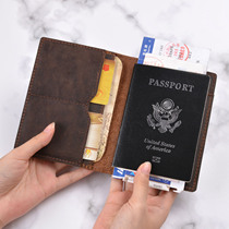 Original handmade first layer cowhide passport clip retro creative protective cover air ticket multi-function card set