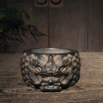 Antique stone carving natural bluestone nostalgic double dragon head stone bowl stone basin ashtray Chinese retro ornaments collection