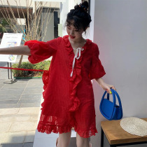 Red retro bubble sleeve dress womens summer dress 2021 new foreign style wild design sense niche v-neck skirt