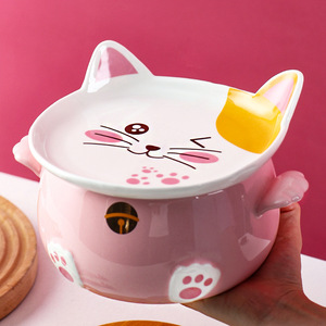 轩科泡面碗大容量超大带盖陶瓷学生宿舍可爱猫咪饭盒微波炉双耳