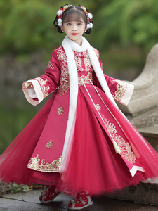 汉服女童拜年服冬装加绒儿童中国风唐装古装演出服女孩网纱公主裙