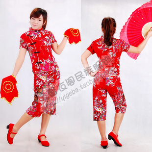 印花七分裤扇子舞开门红辣妹子舞蹈服表演服扭秧歌服舞蹈演出服装