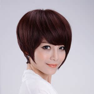 倾一色真发假发套 沙宣短发手织顶心蓬松逼真斜刘海女士短bobo头