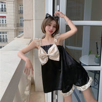 Net red sweet girl suspender silk two-piece pajamas 2021 summer new cute bow home dress women