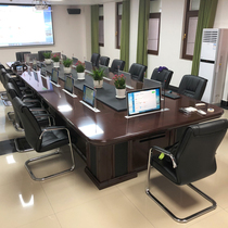 Large solid wood paint intelligent lifting conference table long table paperless conference system display Office table