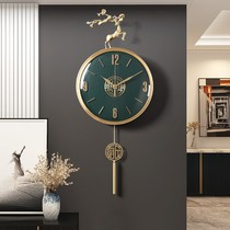 New Chinese pure copper leather wall clock elk Wall living room household light luxury clock modern art enamel clock