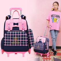 Trolley school bag for primary school girls large capacity 1-6 grade children trolley box school bag for girls waterproof climbing stairs