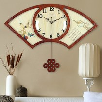 Chinese style wood clock sector clock hanging clock mute Chinese wind living room restaurant quartz clock retro creativity big hanging table