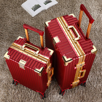 Red Wedding Suitcase Bride to Marry Box Wedding password Box Wine Red Press Case Golden Aluminum Frame Tie Rod Leather Case