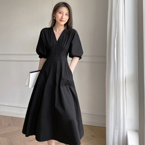  French retro black bubble sleeve dress 2021 summer new v-neck temperament long waist a-line coffee break skirt